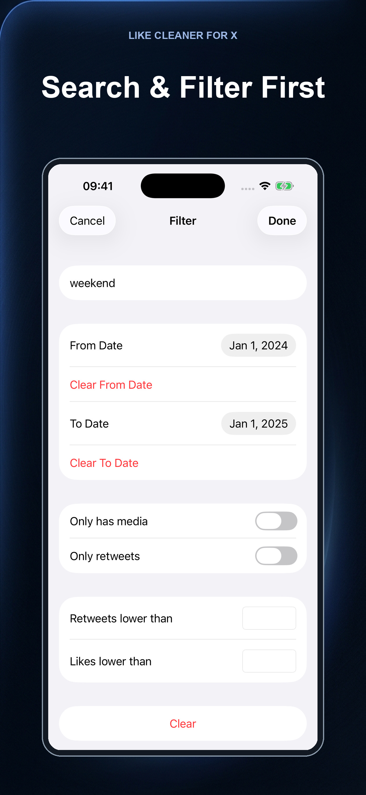 Like Cleaner date and keyword filter screen